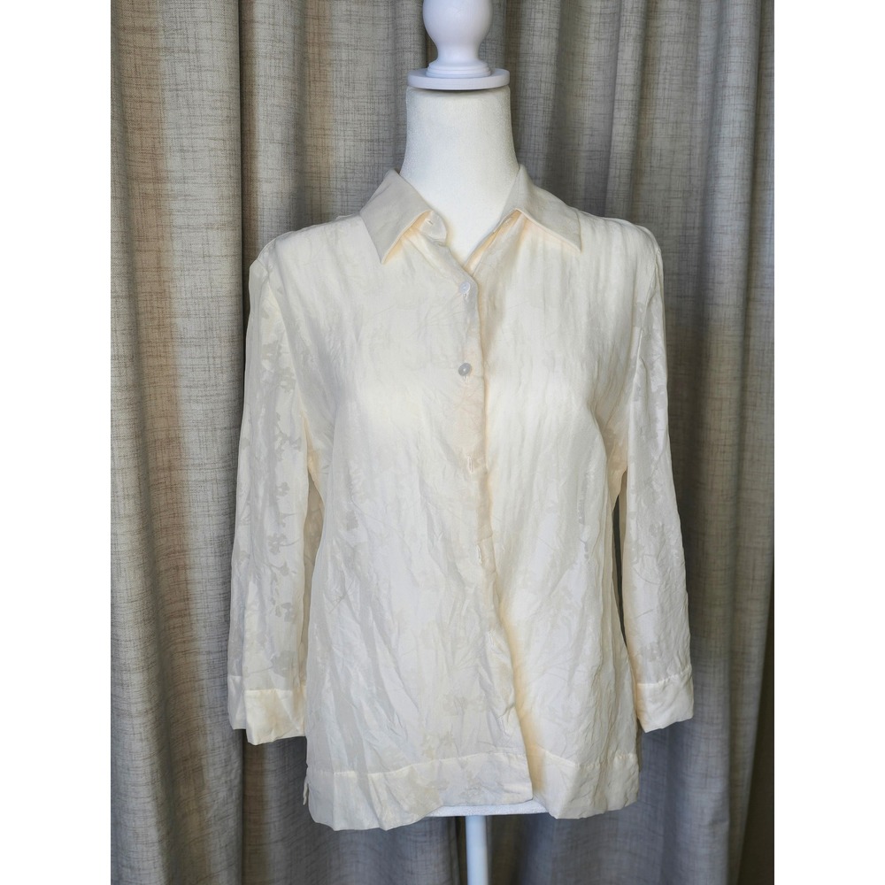 Rena Rowan Button Down Long Sleeve‎ Blouse Floral Pattern Cream Shirt